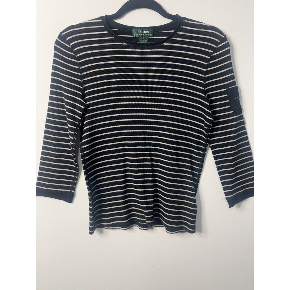 Lauren Ralph Lauren Navy-and-Cream Nautical Striped Quarter Sleeves Top Small